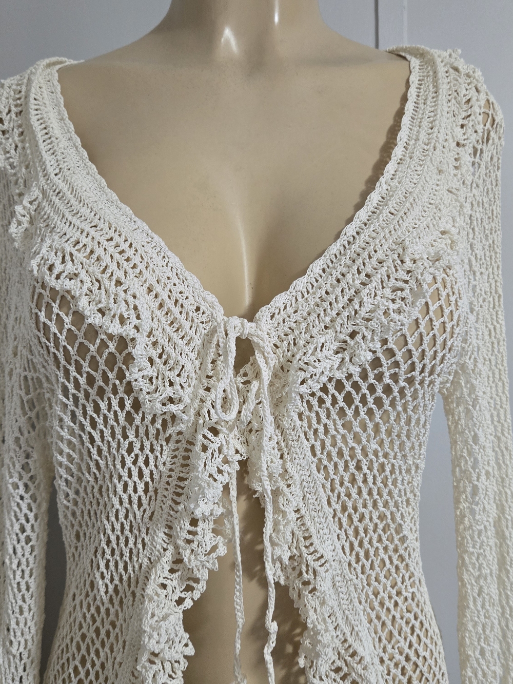 Cardigan Cream Crochet Open-Knit Tie-Front Blazer Jacket - Picture 3 of 11